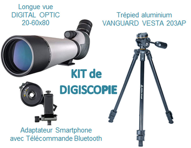 KIT Digiscopie avec longue vue 20-60 x 80 DIGITAL OPTIC et trépied VESTA 203AP et adaptateur smartphone